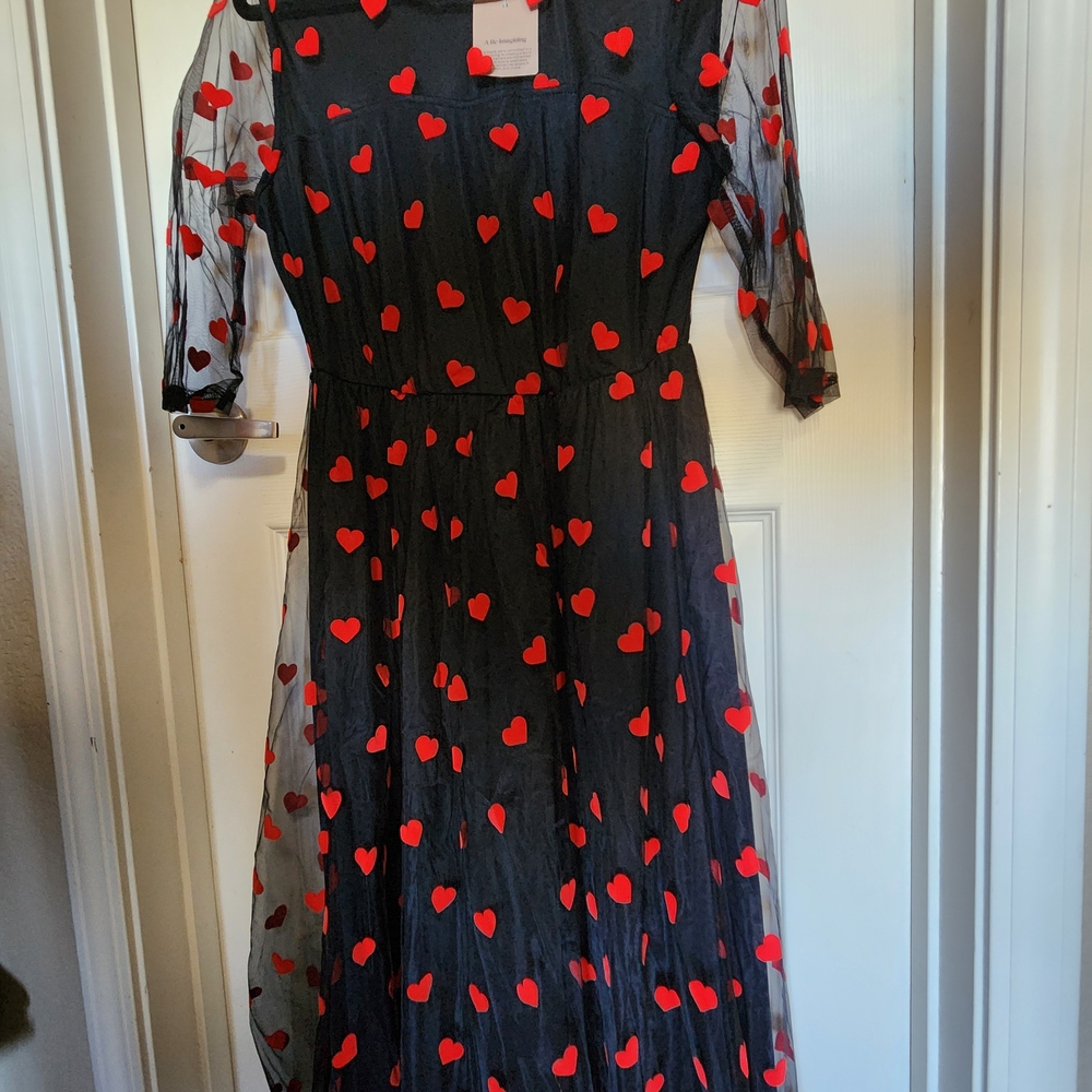 BloomChic Black Dress with Red Heart Accents
